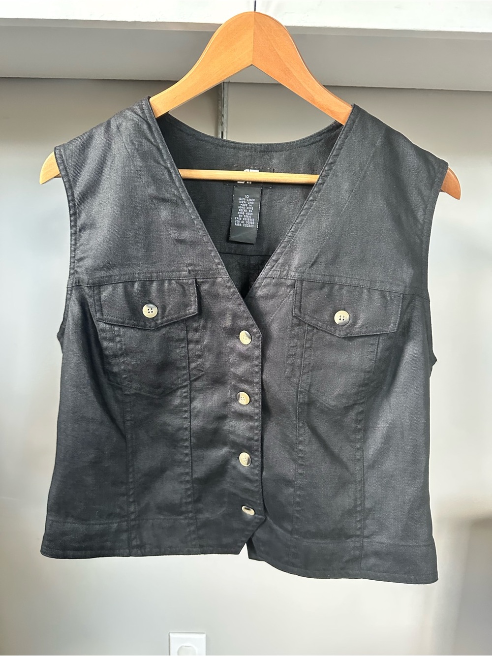 100% Linen Black Vest Women’s Size 10 Button Front Crop Vest